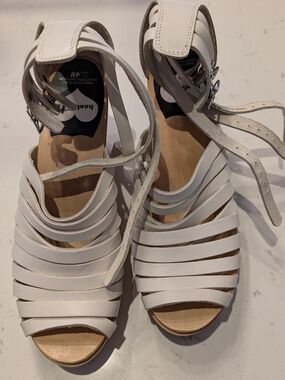 Swedish Hasbeens White Strappy Wood Wedge Sandals with Ankle Wrap
